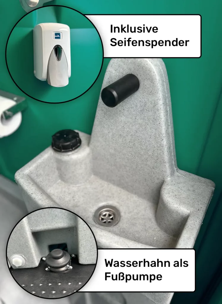 Sacofa Grimma | Mobile Toiletten ✅ 19 Sacofa-Miettoiletten-gruen_Innenansicht-Waschbecken-mit-feature-erklaerung