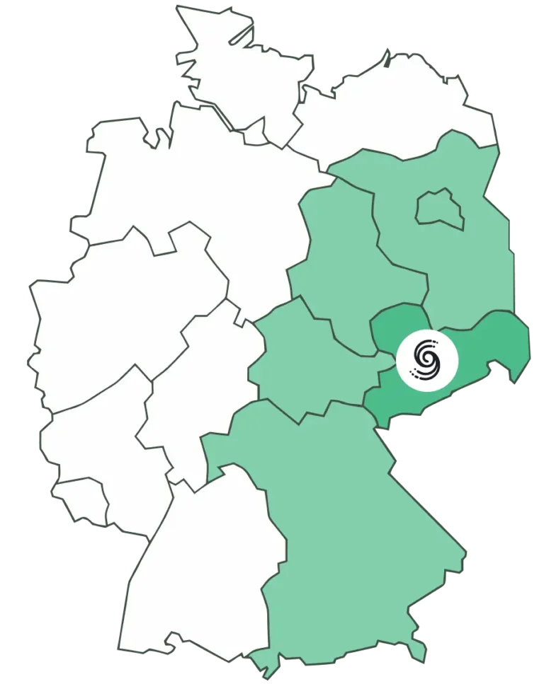 Karte des Liefergebiets mit markierten Regionen in Sachsen für mobile Toiletten und Sanitärlösungen